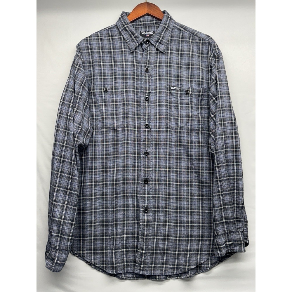 Polo Jeans Co Ralph Lauren Mens Large Plaid Shirt Long Sleeve Blue Cotton